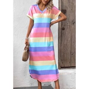 Jules & James Color Block V-Neck Short Sleeve Slit Dress with Pockets